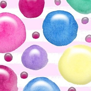 Large Bright Pink Blue Green Yellow Lavender Watercolor Bubbles on Pink and White Stripes