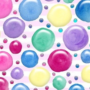 Medium Bright Pink Blue Green Yellow Lavender Watercolor Bubbles on Pink and White Stripes