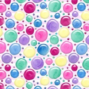 Small Bright Pink Blue Green Yellow Lavender Watercolor Bubbles on Pink and White Stripes