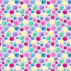 Tiny Bright Pink Blue Green Yellow Lavender Watercolor Bubbles on Pink and White Stripes