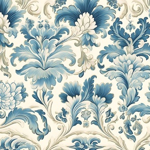 Jumbo Damask Dreams: Blue Blooms on White Elegance