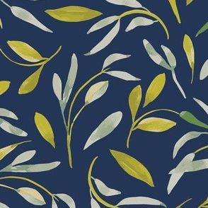 Tea Time Navy Daydream Collection Botanic floral flow watercolor leaves green, sage, dark blue