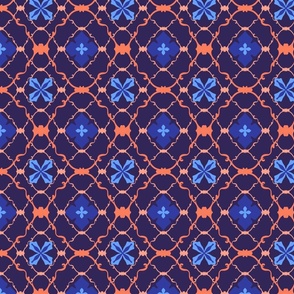 Blue Orange and peach abstract floral trellis on navy background - medium pattern