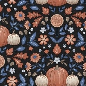 Damask pumpkins and flowers in orange and blue on a black background