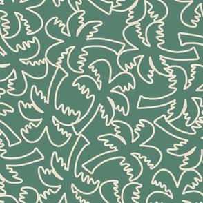 SMALL MODERN HAND DRAWN TROPICAL BEACH PALM TREE LINEAR OUTLINES-EMERALD GREEN+OFF WHITE CREAM