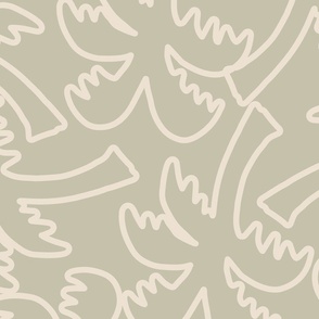 LARGE MODERN HAND DRAWN TROPICAL BEACH PALM TREE LINEAR OUTLINES-ARTICHOKE SAGE GREEN+OFF WHITE CREAM
