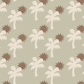 SMALL SCALE VINTAGE RETRO TROPICAL PALM TREE AND SUN PRINT IN BROWN, OFF WHITE AND SAGE GREEN