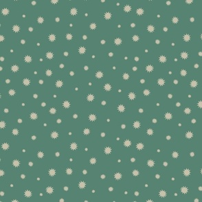 CLASSIC RETRO DITSY STAR SUN SPOT LARGE SCALE IN FOREST GREEN AND BEIGE