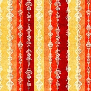 Vertical burlap textured stripes with black handdrawn lace effect overlay small 6” repeat bright red, orange, yellow and deep red