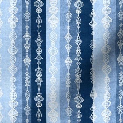 Vertical burlap textured stripes with white handdrawn lace effect overlay small 6” repeat monochrome blues. Light blue, denim blue, indigo blue 