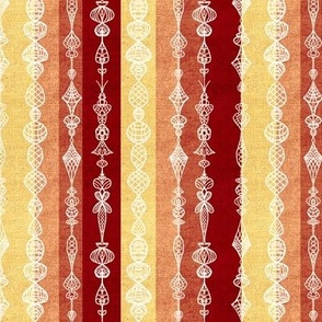 Vertical burlap textured stripes with white handdrawn lace effect overlay small 6” repeat yellow, coral salmon, russet red, deep brown red