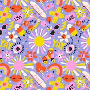Retro Tween / Girly Y2K / Love Roller Skates Skateboard Lips Headphone Smiley on Lavender Lilac Small