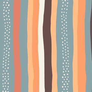 Teal Abstract Stripes: V3 Playful Meadow Coordinate Line Art Abstract Stripey Mod Art Peach, Orange, White - Large