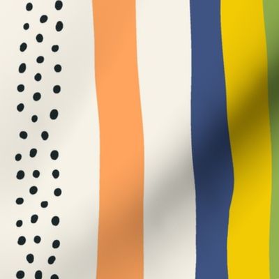 White Abstract Stripes: V5 Playful Meadow Coordinate Line Art Abstract Stripey Mod Art Green, Orange, White, Yellow - Large