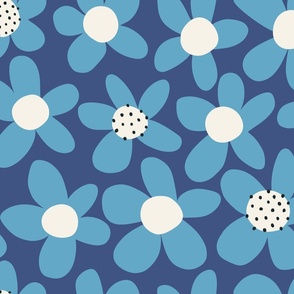 Blue Jumbo Flowers: V5 Retro Abstract Maximalist 70s Groovy Florals Flower Power - Large