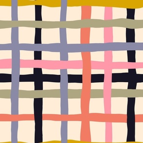 Fun Checkerboard: V2 Playful Meadow Coordinate Line Art Abstract Checks Mod Art Pink, Purple, Yellow - Medium
