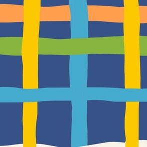Fun Checkerboard: V5 Playful Meadow Coordinate Line Art Abstract Checks Mod Art Blue, Green, Orange, Yellow - Large