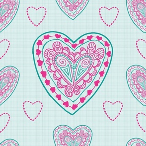 Large - Hearts a Flutter Aqua and Pink on Light Blue Check