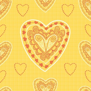 Large - Hearts a Flutter Orange White on Yellow Check
