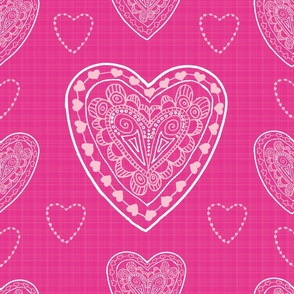 Large - Hearts a Flutter Pink White on Magenta Pink Check