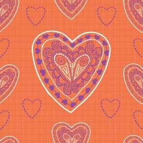 Large - Hearts a Flutter Purple White on Orange Check 