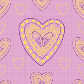 Large - Hearts a Flutter Purple and Yellow on a Lilac Check
