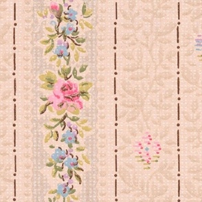 pink and blue flower stripes on peachy cream 