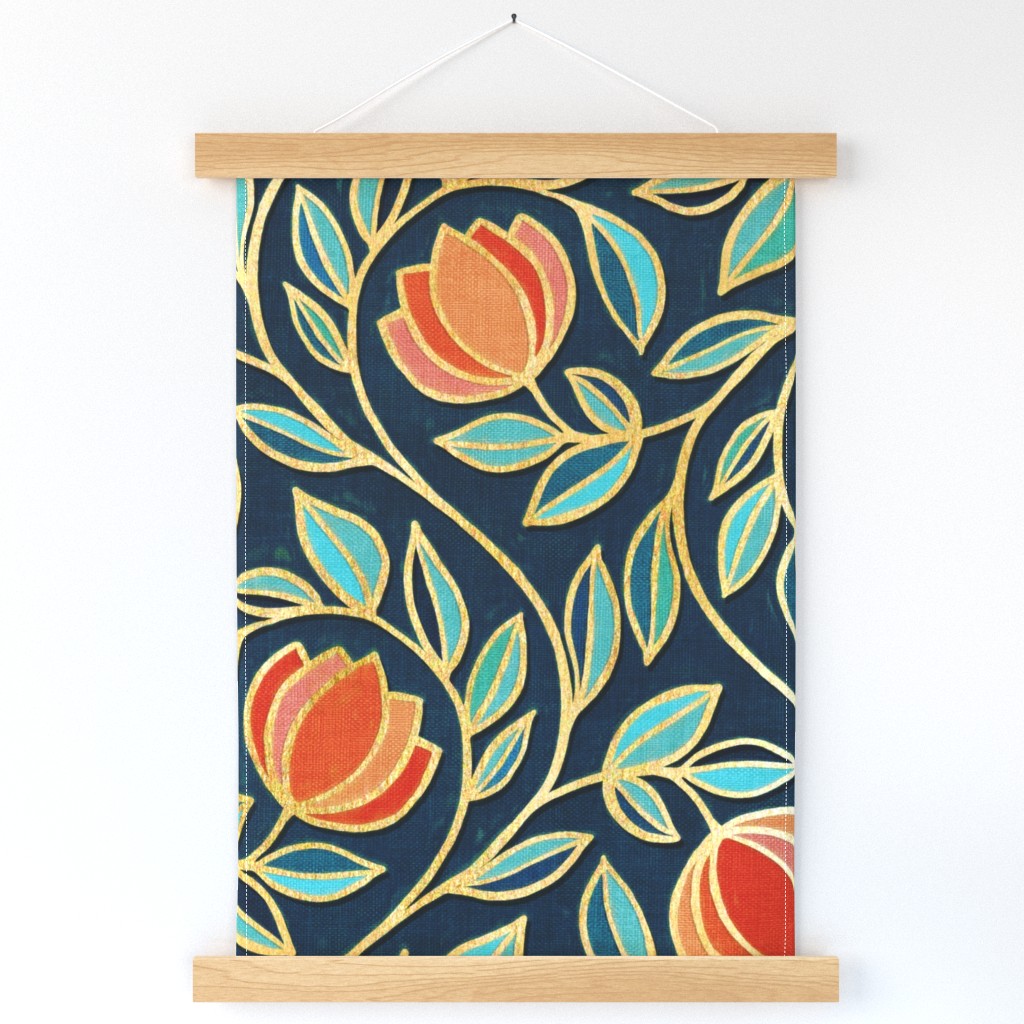 Oversize Gilded Floral Tapestry in Coral and Navy Blue