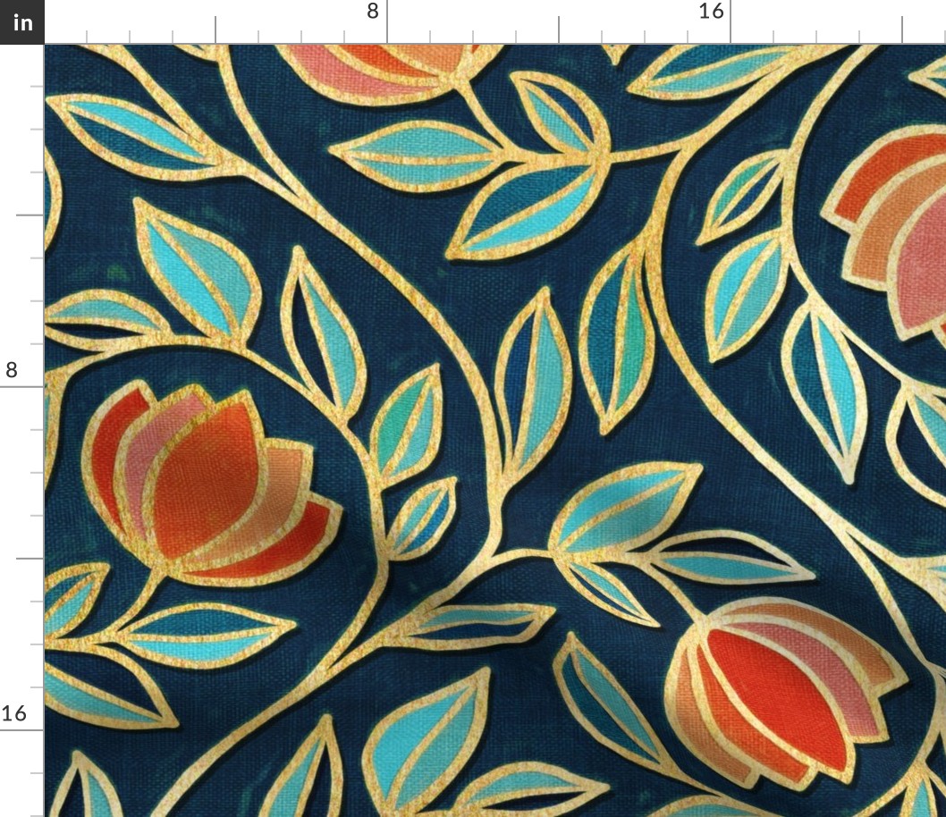 Oversize Gilded Floral Tapestry in Coral and Navy Blue