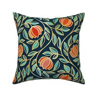 Gilded Floral Tapestry in Coral and Navy Blue