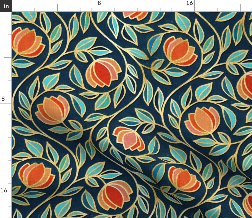 Gilded Floral Tapestry in Coral and Navy Blue