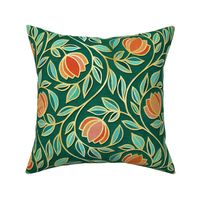 Gilded Floral Tapestry in Coral and Emerald Green