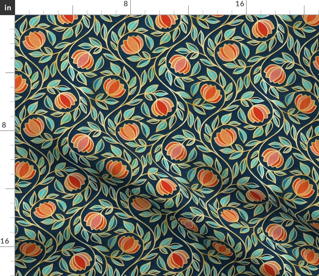 Gilded Floral Tapestry in Coral and Navy Blue  - medium
