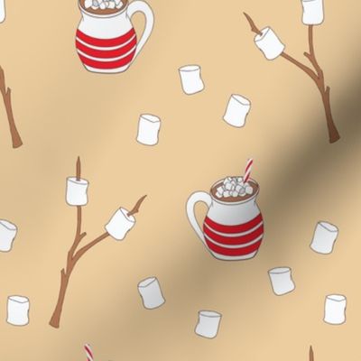 'Roasting Marshmallows' with Hot Cocoa Mugs on Tan