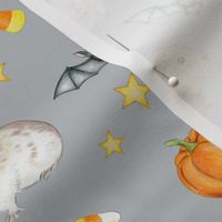 Guinea Pig Halloween with bats and pumpkins on light grey - medium scale