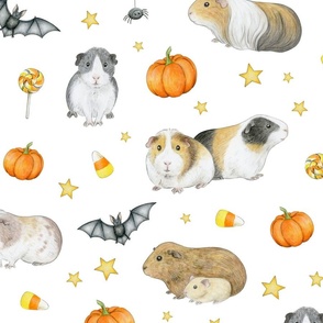 Guinea Pig Halloween with bats and pumpkins on white - large scale