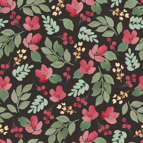 Christmas Watercolor Floral Medley in Charcoal Black (Large)