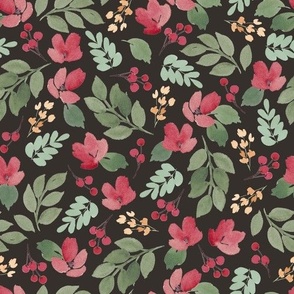Christmas Watercolor Floral Medley in Charcoal Black (Medium)