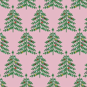 Large - Christmas Trees - Medium green on Light Mauve pink - Forest Woodland XMas Tree - Colorful ornaments Winter Holiday Pastel Colored fabric