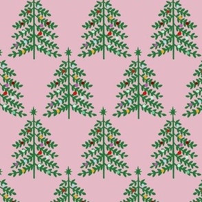 Medium - Christmas Trees - Medium green on Light Mauve pink - Forest Woodland XMas Tree - Colorful ornaments Winter Holiday Pastel Colored fabric kopi