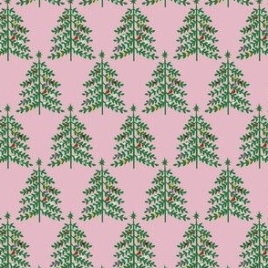 Small - Christmas Trees - Medium green on Light Mauve pink - Forest Woodland XMas Tree - Colorful ornaments Winter Holiday Pastel Colored fabric kopi