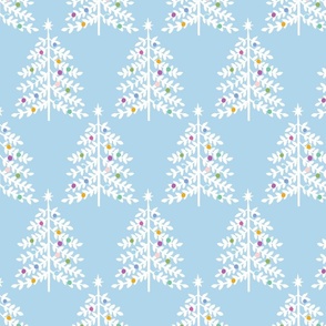 Large - Christmas Trees - White on Frosty Blue - Snow Forest Woodland XMas Tree - Colorful ornaments Winter Holiday Pastel Colored fabric