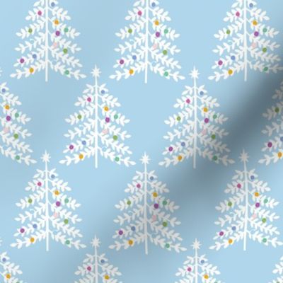 Medium - Christmas Trees - White on Frosty Blue - Snow Forest Woodland XMas Tree - Colorful ornaments Winter Holiday Pastel Colored fabric kopi