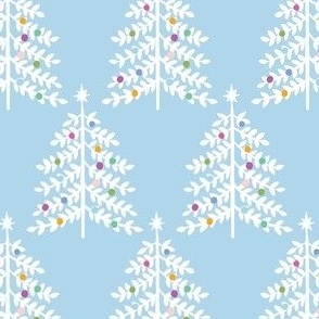 Medium - Christmas Trees - White on Frosty Blue - Snow Forest Woodland XMas Tree - Colorful ornaments Winter Holiday Pastel Colored fabric kopi