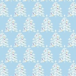 Small - Christmas Trees - White on Frosty Blue - Snow Forest Woodland XMas Tree - Colorful ornaments Winter Holiday Pastel Colored fabric kopi