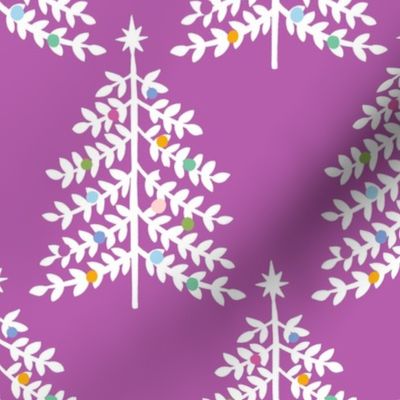 Large - Christmas Trees - White on Holiday Purple - Snow Forest Woodland XMas Tree - Colorful ornaments Winter Holiday Pastel Colored fabric