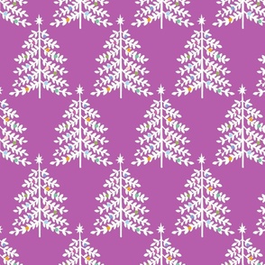Large - Christmas Trees - White on Holiday Purple - Snow Forest Woodland XMas Tree - Colorful ornaments Winter Holiday Pastel Colored fabric