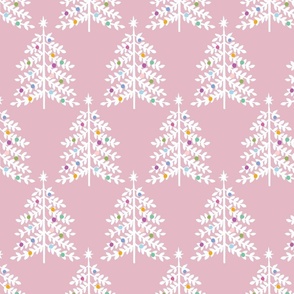 Large - Christmas Trees - White on Light Mauve pink - Snow Forest Woodland XMas Tree - Colorful ornaments Winter Holiday Pastel Colored fabric