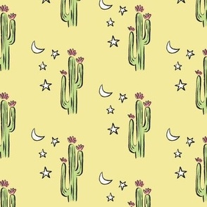 Small, Cactus with Moon and Stars on Yellow Background