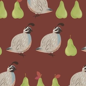 Partridges and Pears (red background)